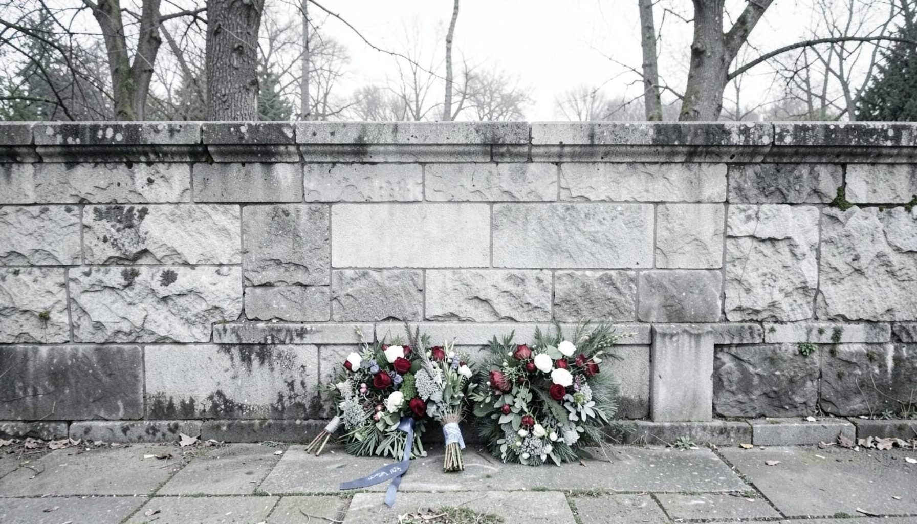 Faded grey photograph of a stone memorial wall with wreaths laid at its base