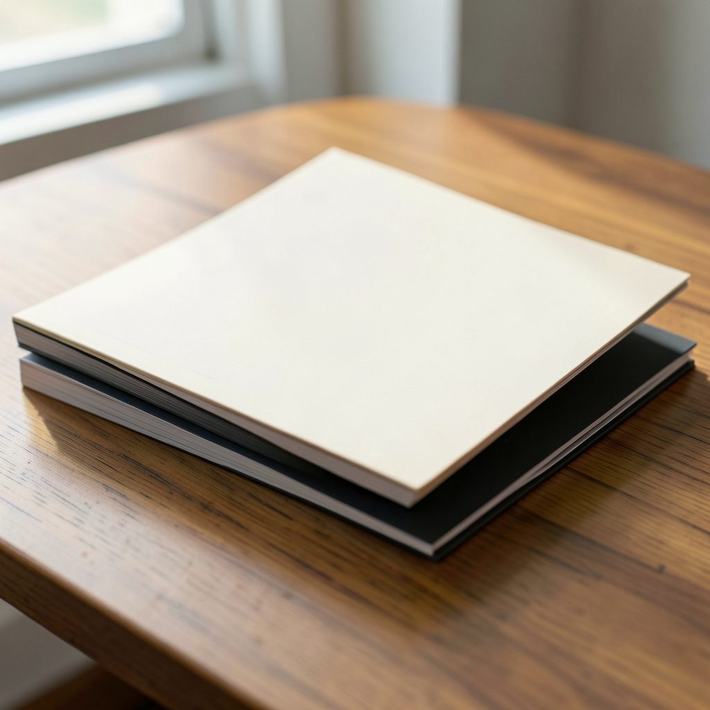Stack of printed booklets on a table, soft natural light, cream and dark cover tones