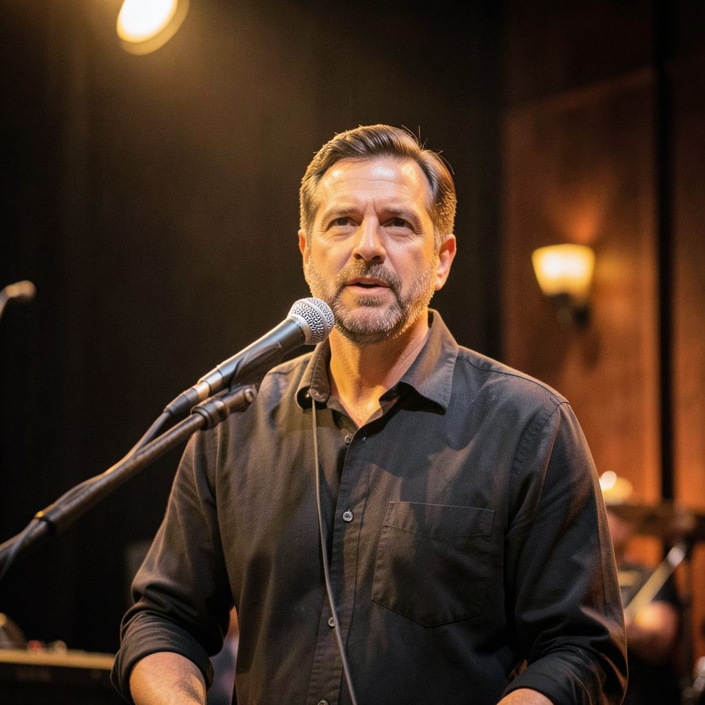 Warm-lit interior scene with a microphone on stage, suggesting storytelling and music performance