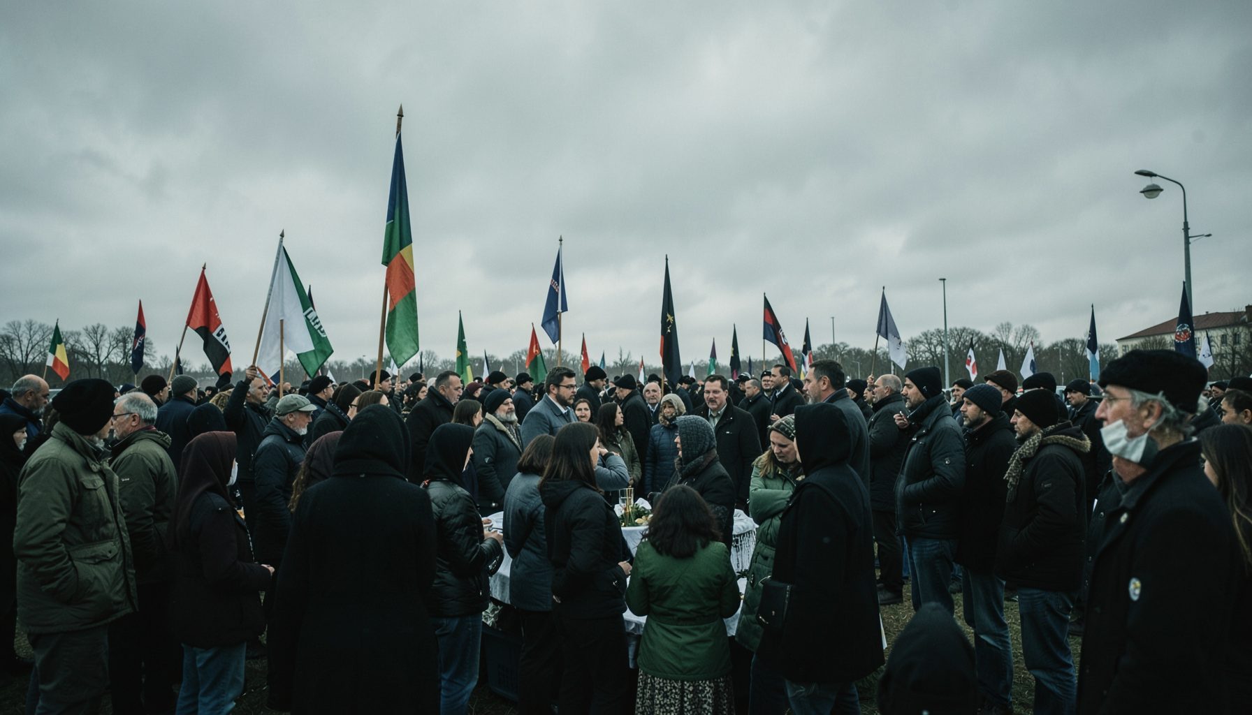 Wide photograph of a sombre commemorative gathering with flags against an overcast sky, muted greens and greys